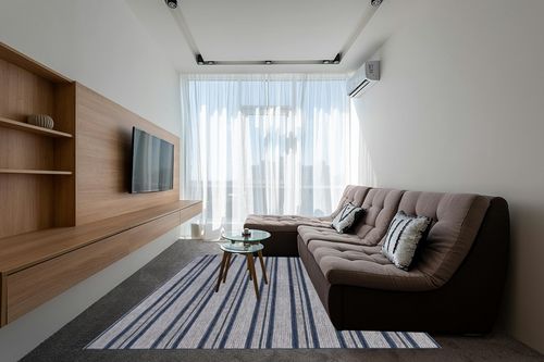 Rugs USA x Lauren Liess Gazania Striped Indoor/Outdoor Area Rug, 8' x 10', Blue in Grey Living Room with Brown Couch