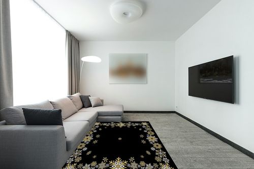 Christmas Area Rug 5 x 8, Washable Bedroom Rug Non-Slip Kitchen Rugs Non Shedding Floor Cover Mat Runner Rug for Living Room Dining Room Outdoor Carpet Winter Snowflakes Black Gold in Modern Living Room with Grey Couch