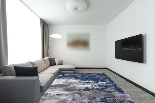 Blue Modern Stain Resistant Living Room, Bedroom, Playroom, Hallway, Dining Room Area Rug in Modern Living Room with Grey Couch