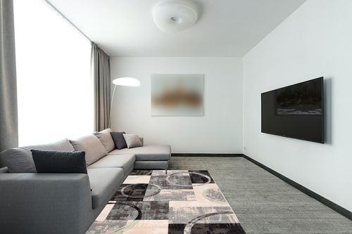 Well Woven Boxes & Circles Geometric Shai Grey & Green Area Rug 5x7 (5'3" x 7'3") in Modern Living Room with Grey Couch