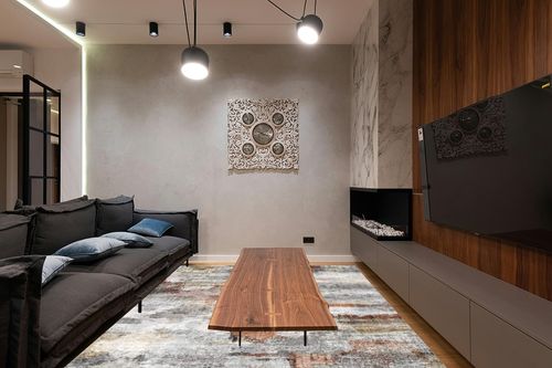 vivorug Washable Rug, Ultra Soft Area Rug 8x10, Non Slip Abstract Rug Foldable, Stain Resistant Rugs for Living Room Bedroom, Modern Fuzzy Rug (Gray/Rust, 8'x10') in Dark Wood Living Room with Black Couch