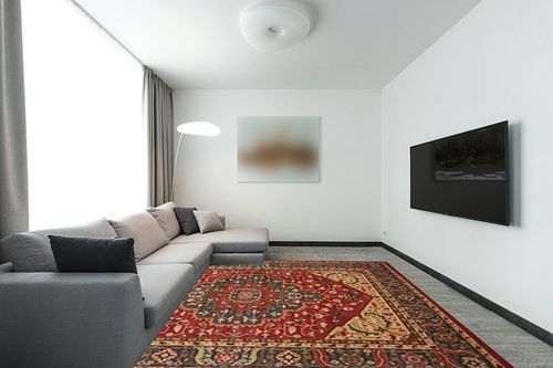 SAFAVIEH Mahal Collection Area Rug - 8' x 11', Navy & Red, Traditional Oriental Design, Non-Shedding & Easy Care, Ideal for High Traffic Areas in Living Room, Bedroom (MAH621C) in Modern Living Room with Grey Couch
