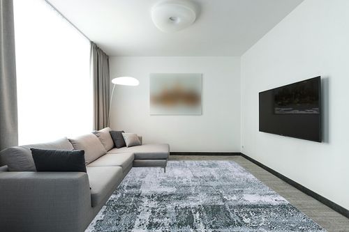 HOMBYS 9x12 Modern Area Rug for Living Room Bedroom, Large Boho Floor Carpet with Non-Slip Backing for Indoor Office Dining Room, Abstract Home Deco Non-Shedding, Green, Machine Washable in Modern Living Room with Grey Couch