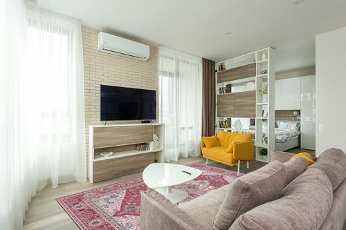 SAFAVIEH Tucson Collection Area Rug - 6' x 9', Red & Pink, Persian Design, Non-Shedding Machine Washable & Slip Resistant Ideal for High Traffic Areas in Living Room, Bedroom (TSN139R) in Light Modern Living Room with TV