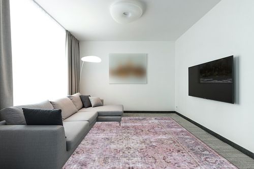 SAFAVIEH Tucson Collection Area Rug - 9' x 12', Pink & Beige, Persian Design, Non-Shedding Machine Washable & Slip Resistant Ideal for High Traffic Areas in Living Room, Bedroom (TSN144U) in Modern Living Room with Grey Couch