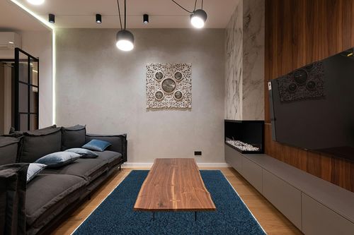 Everyday Shag Rug 6'x9' in Dark Wood Living Room with Black Couch