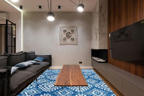JONATHAN Y MOH102A-8 Moroccan Hype Boho Vintage Tribal Blue/White 8 ft. x 10 ft. Area-Rug, Bohemian, Easy-Cleaning, for Bedroom, Kitchen, Living Room, Non Shedding, Blue,White in Dark Wood Living Room with Black Couch