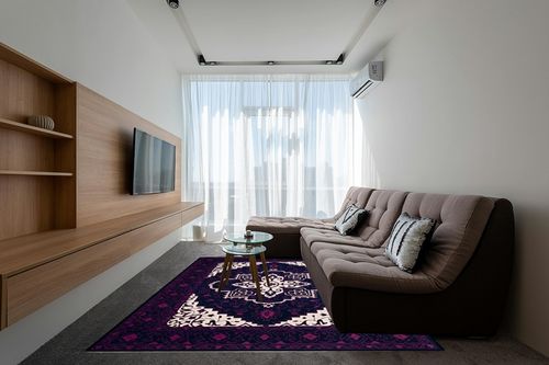 SAFAVIEH Bellagio Collection 8' x 10' Purple / Ivory BLG597A Handmade Medallion Premium Wool Area Rug in Grey Living Room with Brown Couch