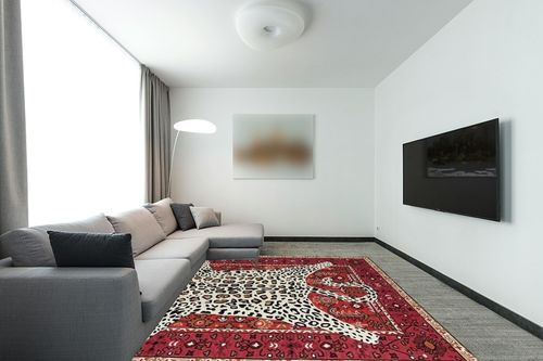 Restoration and Renovation Modern Leopard Wool Rug with Persian Background | Handmade, Animal Print Cheetah Area Carpet for Living Room, Bedroom and Kitchen Decor (4' x 6', Rust) in Modern Living Room with Grey Couch