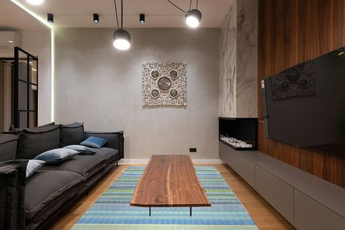 EORC FLX02GN6X9 Hand-Knotted Wool Knotted Striped Rug, 6' x 9', Green in Dark Wood Living Room with Black Couch