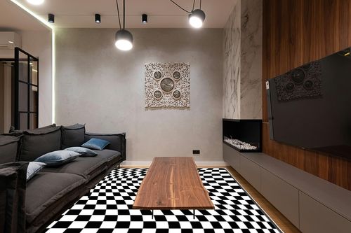 Leenevs Black White Checkered Rug Runner Rug 8 ' x 10' Area Rugs Soft Modern Indoor Shaggy Area Rug for Bedroom Livingroom Dorm Kids Room Home Decorative, Non-Slip Plush Fluffy Furry Fur Rugs in Dark Wood Living Room with Black Couch