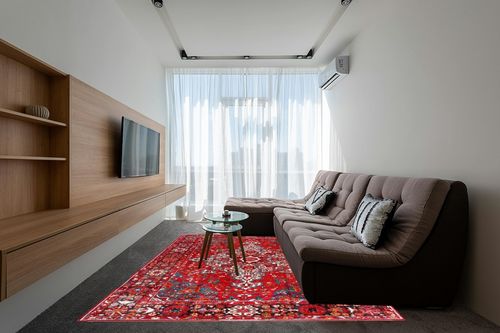 SAFAVIEH Vintage Hamadan Collection Area Rug - 8' x 10', Red & Multi, Oriental Traditional Persian Design, Non-Shedding & Easy Care, Ideal for High Traffic Areas in Living Room, Bedroom (VTH222A) in Grey Living Room with Brown Couch
