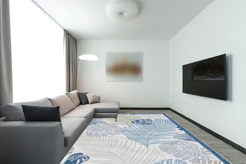 Safavieh Courtyard Collection Area Rug - 9' x 12', Beige & Green Blue, Non-Shedding & Easy Care, Indoor/Outdoor & Washable-Ideal for Patio, Backyard, Mudroom (CY9621-53424) in Modern Living Room with Grey Couch