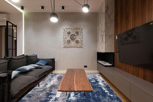 Blue Modern Stain Resistant Living Room, Bedroom, Playroom, Hallway, Dining Room Area Rug in Dark Wood Living Room with Black Couch