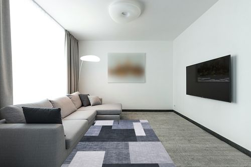 RUGSREAL Washable Rug for Living Room Low-Pile Non-Slip Throw Carpet Contemporary Morroccan Area Rug for Home Office, 5' x 8' Grey in Modern Living Room with Grey Couch