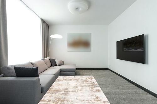 Area Rug Living Room Rugs: 5x7 Indoor Soft Fluffy Rug Abstract Carpet for Bedroom Kitchen Dining Room Floor Washable Plush Throw Large Accent Rug Home Office Nursery Decor - Beige in Modern Living Room with Grey Couch