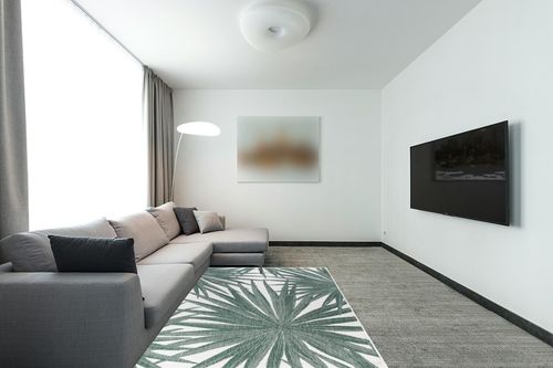 Rugshop Tropical Leaves Nature Inspired Indoor/Outdoor Area Rug 5' x 7' Green in Modern Living Room with Grey Couch