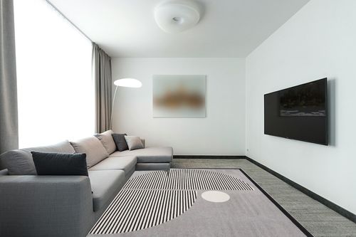 Nourison Modern Passion Geometric Grey/Black 7'10" x 9'10" Area -Rug, Easy -Cleaning, Non Shedding, Bed Room, Living Room, Dining Room, Kitchen (8x10) in Modern Living Room with Grey Couch