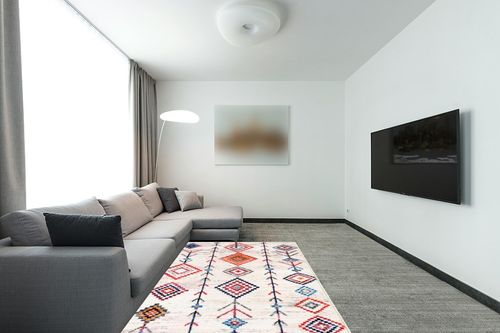 Seavish Large Area Rug 5x7 White Washable Area Rug for Living Room Modern Farmhouse Area Rug Low Pile Non-Shedding Indoor Tribal Design Carpet Rugs for Bedroom Kids Room Nursery Playroom in Modern Living Room with Grey Couch