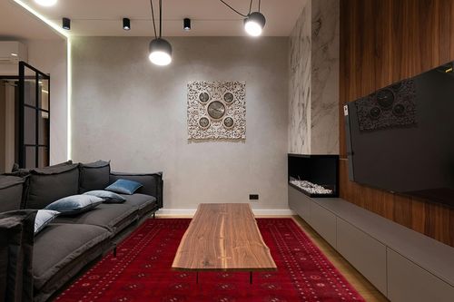 eCarpet Gallery Oriental Area Rug, Turkish Bokhara Red Carpet 8x10, 303870 in Dark Wood Living Room with Black Couch