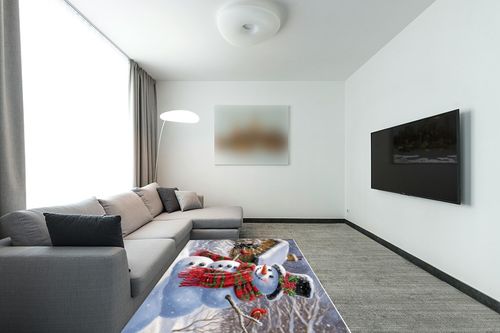Christmas Area Rug 5 x 8, Washable Bedroom Rug Non-Slip Kitchen Rugs Non Shedding Floor Cover Mat Runner Rug for Living Room Dining Room Outdoor Carpet Cute Snowman Winter Farmhouse Bird in Modern Living Room with Grey Couch