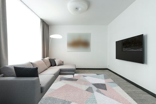 Rugs America Mika Collection MO60A Milkshake Contemporary Geometric Area Rug 8'0"x10'0" in Modern Living Room with Grey Couch