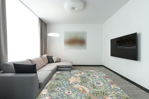 Restoration and Renovation Premium Handmade Wild Straberry Floral Wool Area Rug | Garden Colorful Flower Design Rug for Living Room, Bedroom & Home Decor (Light Blue, 3' x 5') in Modern Living Room with Grey Couch