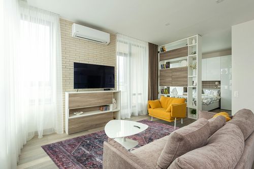 SAFAVIEH Tucson Collection Area Rug - 6' x 9', Dark Green & Rust, Persian Design, Non-Shedding Machine Washable & Slip Resistant Ideal for High Traffic Areas in Living Room, Bedroom (TSN175Y) in Light Modern Living Room with TV