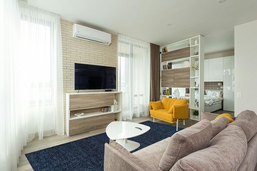 JONATHAN Y SEU100C-8 Haze Solid Low-Pile Indoor Area-Rug Casual Contemporary Solid Traditional Easy-Cleaning Bedroom Kitchen Living Room Non Shedding, 8 ft x 10 ft, Navy in Light Modern Living Room with TV