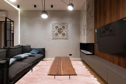 Pink 8 x 10 in Dark Wood Living Room with Black Couch