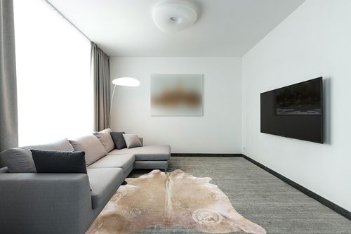 Genuine Taupe Grey Cowhide Rug 6 x 6-7 ft. 180 x 220 cm in Modern Living Room with Grey Couch