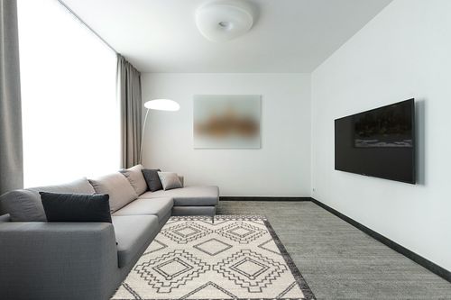 JONATHAN Y MOH200A-5 Amir Moroccan Beni Souk Indoor Area-Rug Bohemian Farmhouse Rustic Geometric Easy-Cleaning Bedroom Kitchen Living Room Non Shedding, 5 X 8, Cream,Black in Modern Living Room with Grey Couch