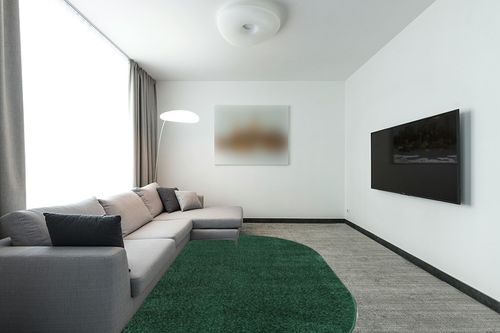 JONATHAN Y SEU100L-6OV Haze Solid Low-Pile Indoor Area Rug, Coastal, Bohemian, Minimalist, Classic, Casual for Bedroom,Kitchen,Living Room,Non Shedding,Easy-Washing, Green, 6 X 9 Oval in Modern Living Room with Grey Couch