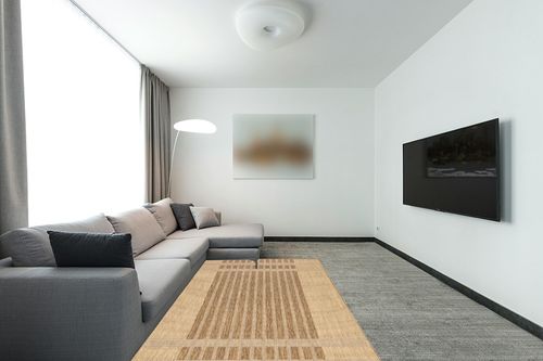 nuLOOM Lila Modern Striped Indoor/Outdoor Area Rug, 5x8, Beige in Modern Living Room with Grey Couch