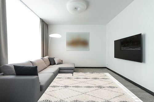 Geometric Beige Area Rug Dakota Fields Rug Size: Rectangle 7'10" x 11' in Modern Living Room with Grey Couch