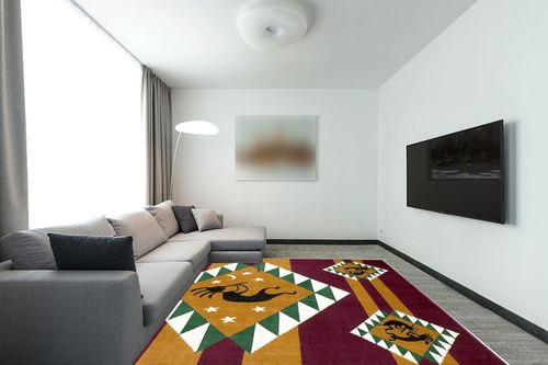 AllStar Rugs Red 8x10 Tribal Area Rug (7' 7" x 10' 6") in Modern Living Room with Grey Couch