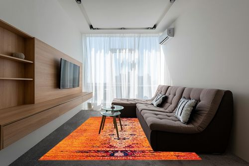 SAFAVIEH Monaco Collection Area Rug - 8' x 10', Orange & Multi, Modern Boho Abstract Distressed Design, Non-Shedding & Easy Care, Ideal for High Traffic Areas in Living Room, Bedroom (MNC209H) in Grey Living Room with Brown Couch