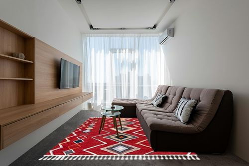 SAFAVIEH Farmhouse Collection 8' x 10' Red/Gold FMH599Q Moroccan Boho Tassel Area Rug in Grey Living Room with Brown Couch