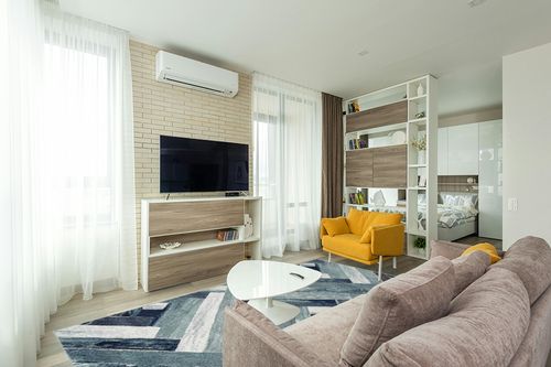 LUXE WEAVERS Modern Abstract Wood Carpet Geometric Blue 8x10 Area Rug in Light Modern Living Room with TV