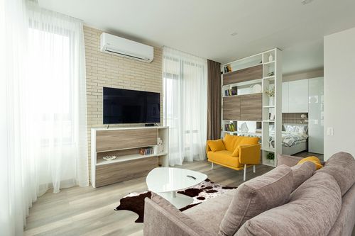 Quenlife Cowhide Rug for Living Room, Soft Cow Print Rug Cute Cow Rug for Bedroom, Cow Hide Rug Faux Animal Rug for Western Home Theme Room Decor, White and Browm, 5.2 x 6.2 ft in Light Modern Living Room with TV