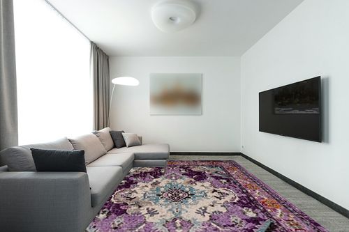 SAFAVIEH Monaco Collection Area Rug - 9' x 12', Violet & Light Blue, Boho Chic Medallion Distressed Design, Non-Shedding & Easy Care, Ideal for High Traffic Areas in Living Room, Bedroom (MNC243L) in Modern Living Room with Grey Couch