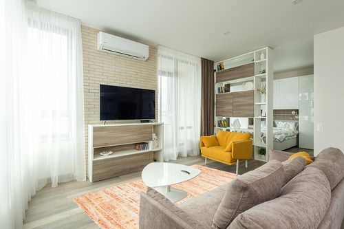 Unique Loom Helios Collection Geometric, Modern Striped, Vibrant Area Rug, 5' 0" x 8' 0", Orange/Ivory in Light Modern Living Room with TV