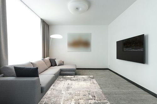 Art&Tuft Washable Rug, Anti-Slip Backing Abstract Area Rug 5x7, Stain Resistant Rugs for Living Room, Foldable Machine Washable Area Rug (TPR22-Green/Grey, 5'x7') in Modern Living Room with Grey Couch