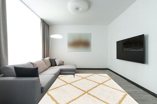 SAFAVIEH Hudson Shag Collection Area Rug - 8' x 10', Ivory & Gold, Modern Trellis Design, Non-Shedding & Easy Care, 2-inch Thick Ideal for High Traffic Areas in Living Room, Bedroom (SGH281E) in Modern Living Room with Grey Couch