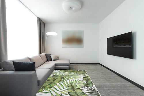 CAREMEE 5x7 Area Rug for Living Room Low Profile Palm Tree Leaf Area Rug Large Throw Carpet Indoor Machine Washable Rug for Bedroom Kitchen Patio Home Decor, 5' x 7' Green in Modern Living Room with Grey Couch