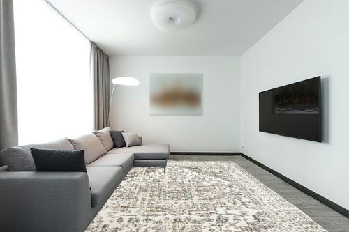 nuLOOM Tanith Vintage Medallion Area Rug, 9x12, Cream in Modern Living Room with Grey Couch