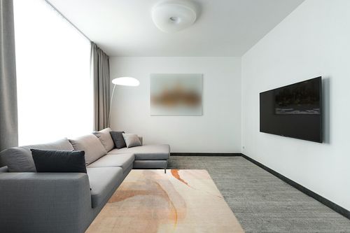 Cinknots Rug Area Rug Imitation Cashmere Carpet Modern Rugs for Living Room Bedroom Corridor Carpet Soft Non-Slip Rug Indoor Carpet Washable Abstract Carpet (Brown/Gold, 5' 3" x 6' 6") in Modern Living Room with Grey Couch