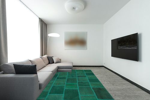 BESPOKY 6'5" x 9'8" (195x295 Cm) Teselya Green Patchwork Wool Handmade Area Rug in Modern Living Room with Grey Couch