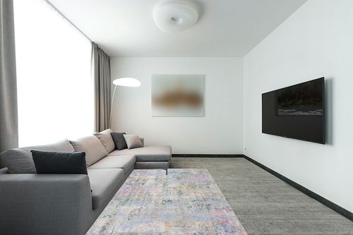 SAFAVIEH Sequoia Collection Area Rug - 5'5" x 7'6", Green & Pink, Boho Chic Design, Non-Shedding & Easy Care, Machine Washable Ideal for High Traffic Areas in Living Room, Bedroom (SEQ102Y) in Modern Living Room with Grey Couch