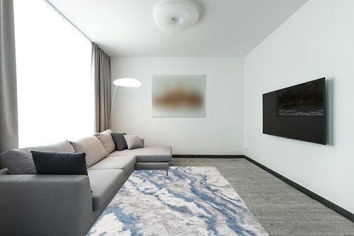 SAFAVIEH Horizon Shag Collection Area Rug - 6' x 9', Grey & Blue, Modern Abstract Design, Non-Shedding & Easy Care, 2-inch Thick Ideal for High Traffic Areas in Living Room, Bedroom (HZN890G) in Modern Living Room with Grey Couch
